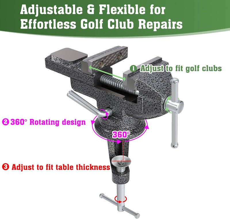 AxPower All-in-One Golf Grip Kit for Regripping Golf Clubs, 360° Swivel Portable Table Vise Rubber Clamp Golf Grip Removal Tool with Golf Grip Replacement Tape and Solvent, Golf Club Regripping Kit - Image 3